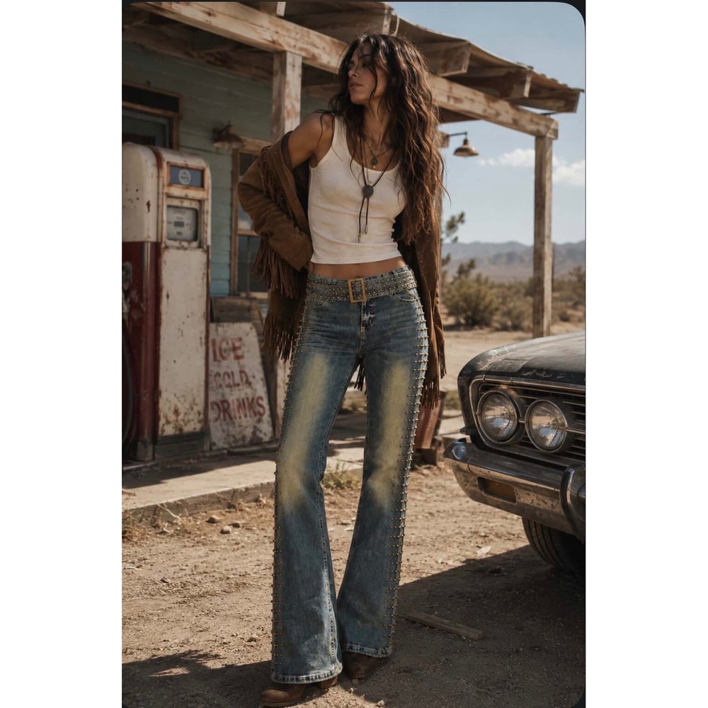 Fashion Nova Ayami Embellished Tinted Bootcut Jeans Vintage Wash Studded Size 13